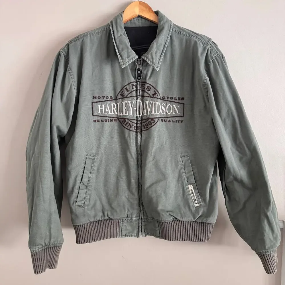 Harley Davidson Reversible Embroidered Canvas Bomber Jacket Black Size Medium - Picture 7 of 9
